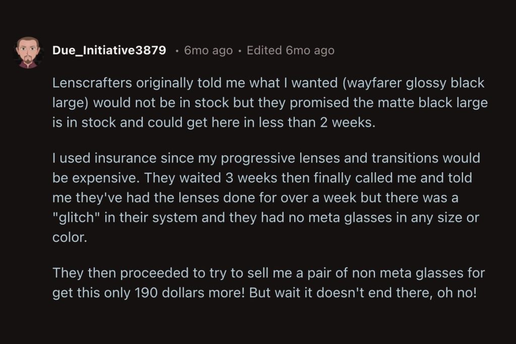 LensCrafters Reddit screenshot