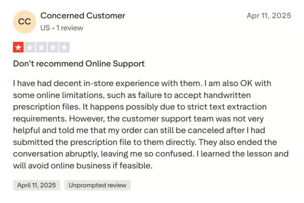 LensCrafters TrustPilot review