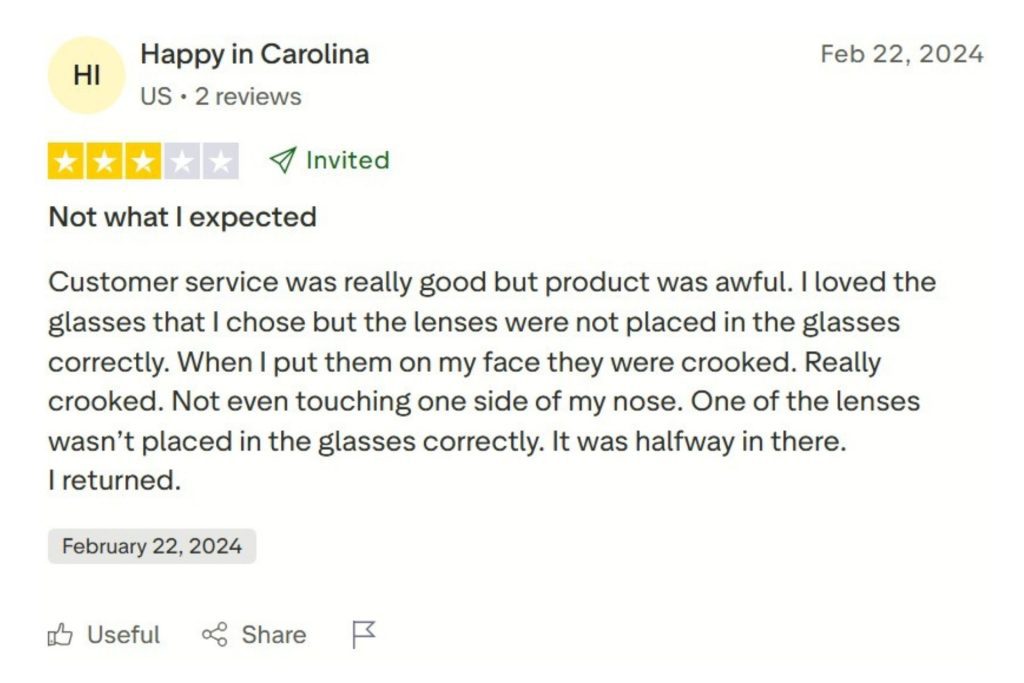 LensCrafters TrustPilot review