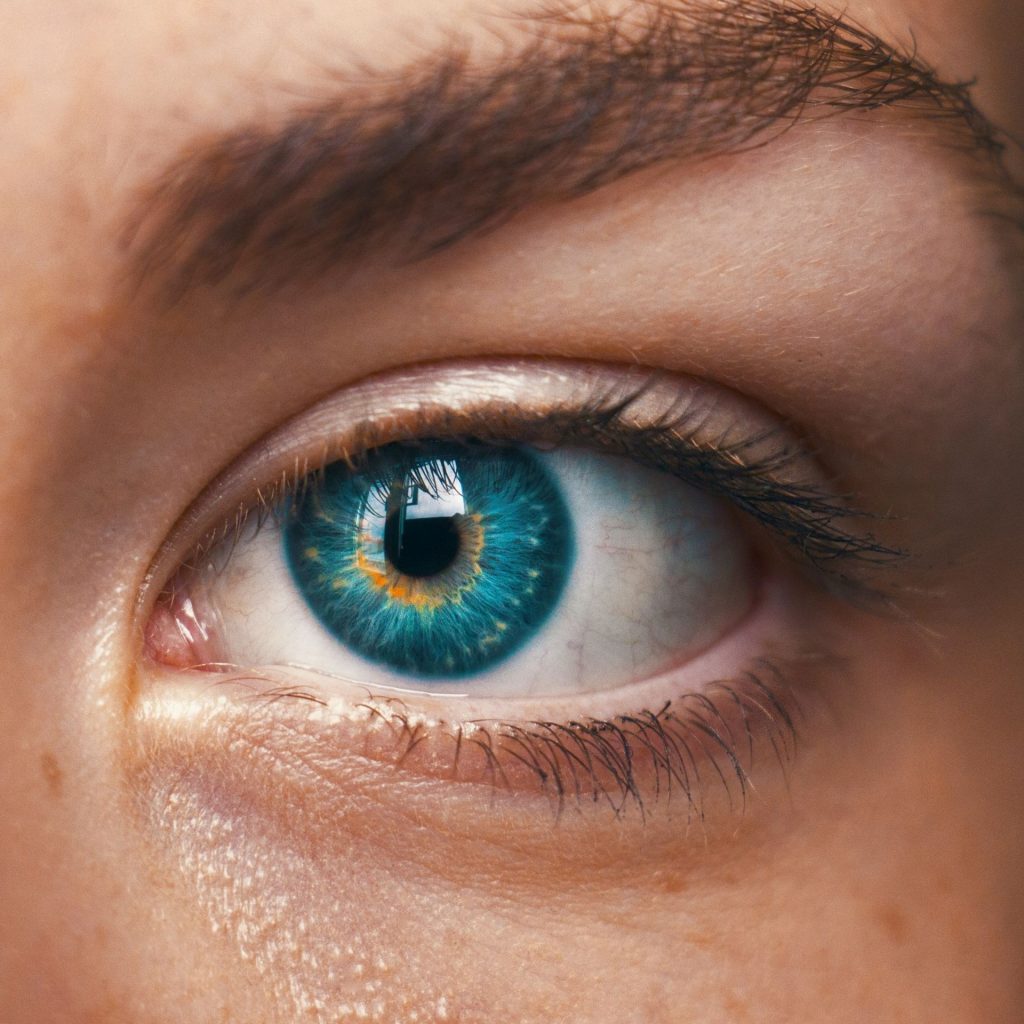 Woman with bright blue eyes