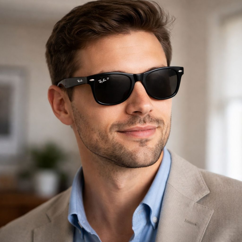 Man wearing black Ray-Ban sunglasses