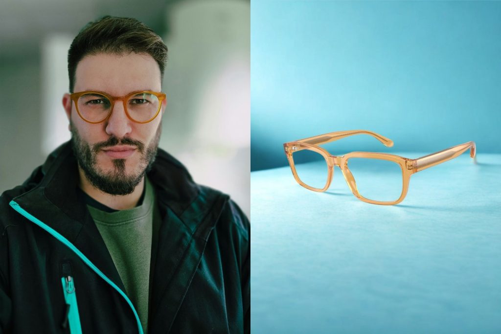 (Left) Man in hoodie and orange glasses (Right) Emporio Armani EA3255 orange glasses