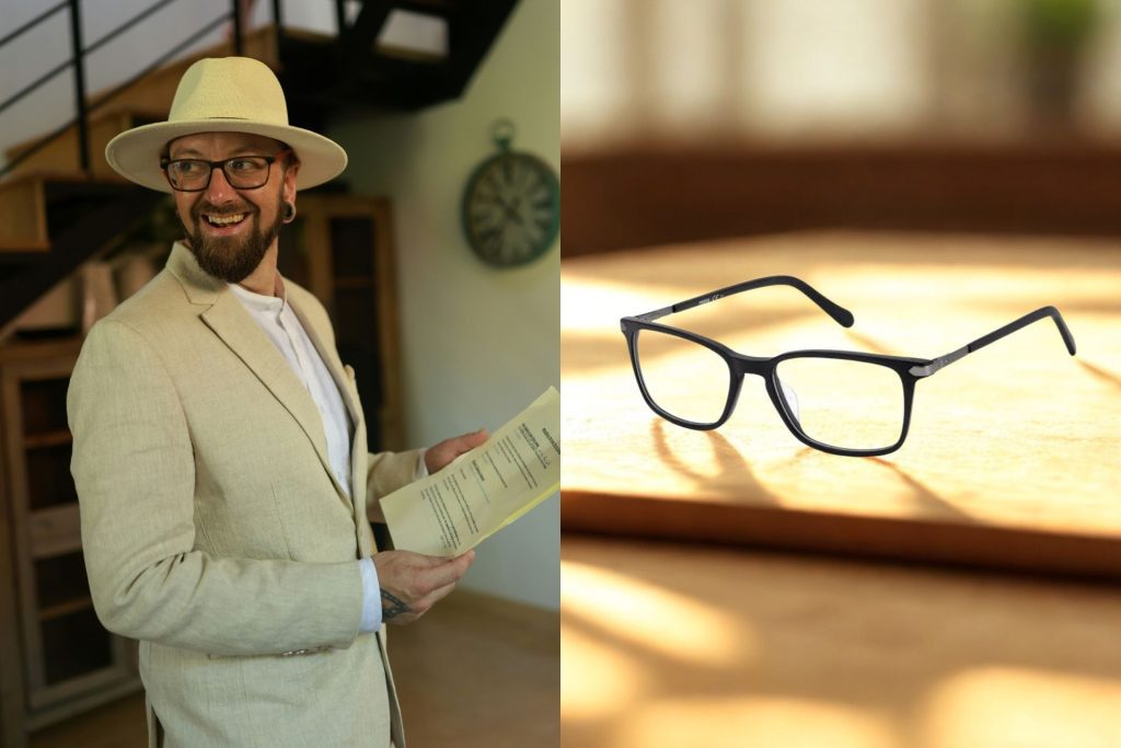 (Left) Man in yellow suit wearing horn rimmed glasses (Right) Fossil FOS 7075/G glasses