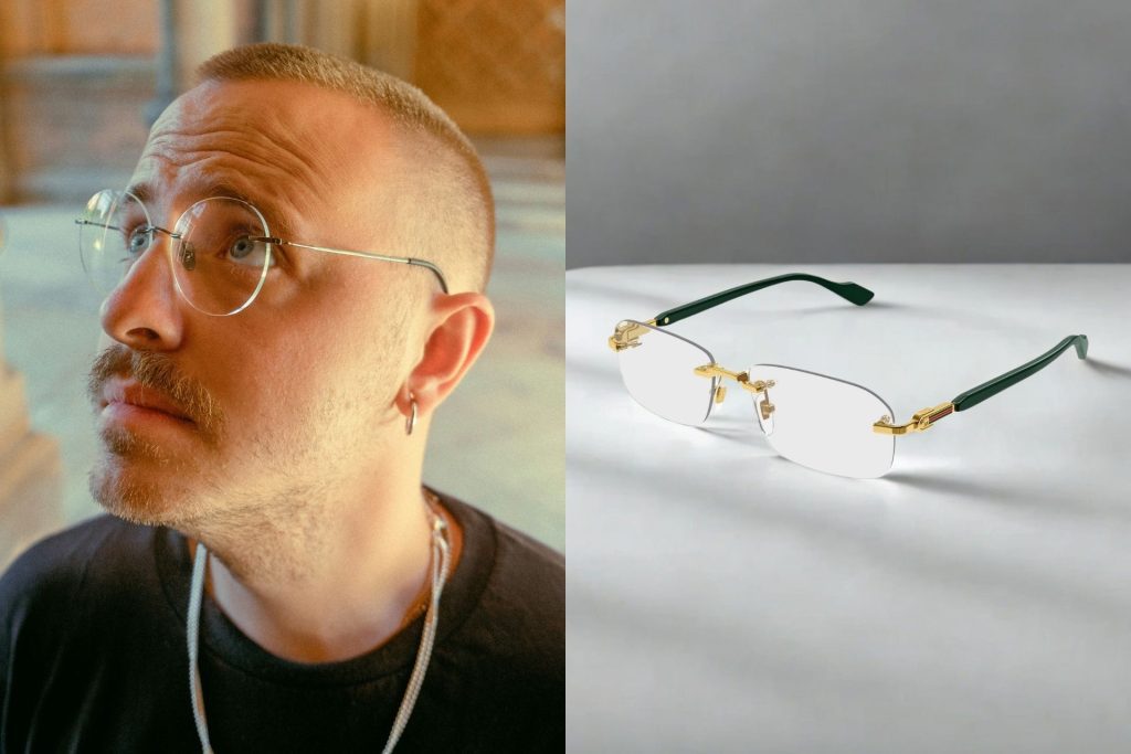 (Left) Man in round rimless glasses (Right) Gucci GG1221O rimless glasses