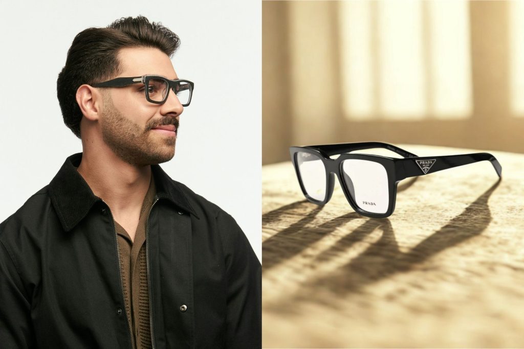 (Left) Man wearing chunky vintage glasses (Right) Prada PR 08ZV