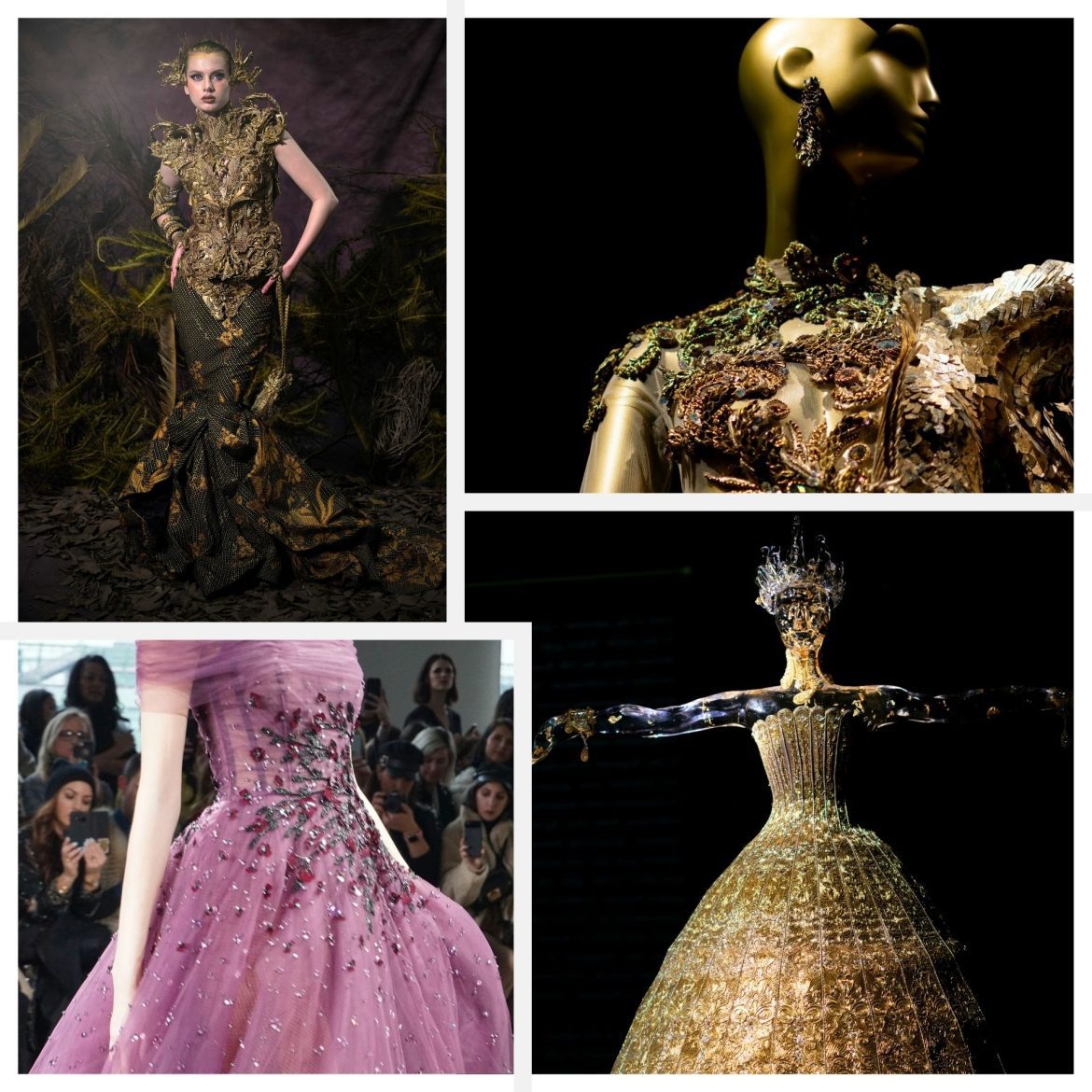 Decorated gold and pink dresses on mannequins