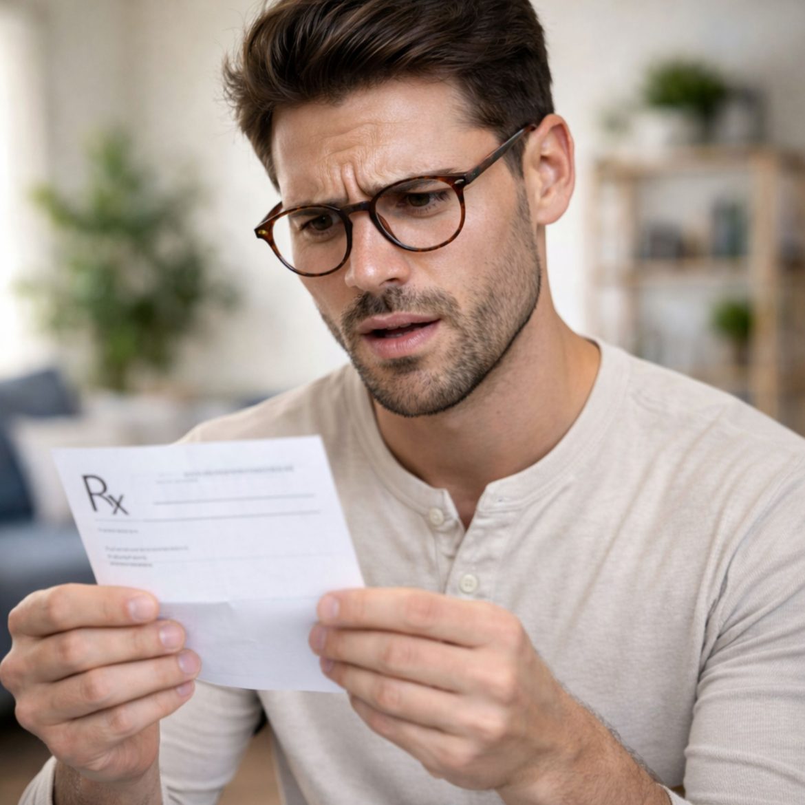Man in glasses looks at his prescription