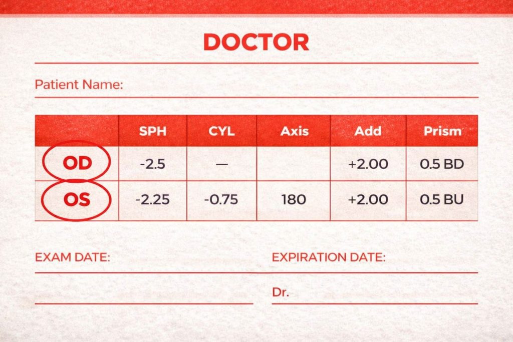 Eye prescription example with OD and OS circled