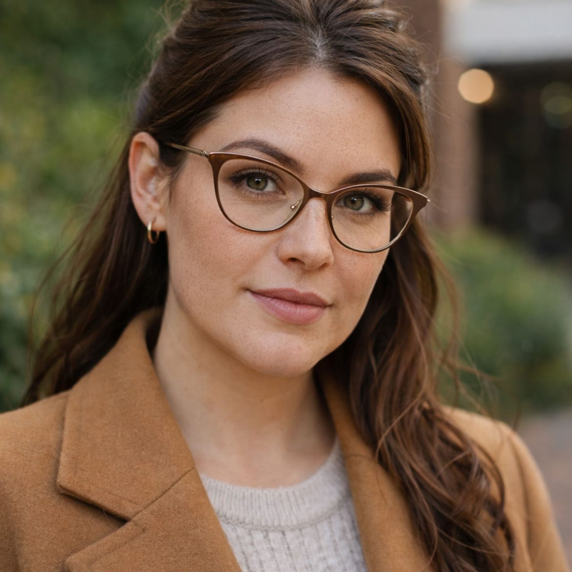 Woman with brown hair wearing cat-eye glasses