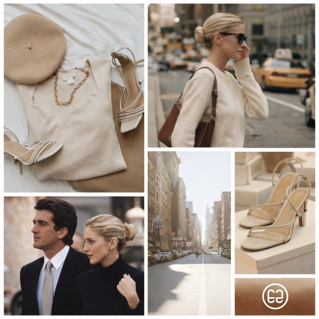 Collage featuring woman in minimalistic fashion, New York City, and high heels