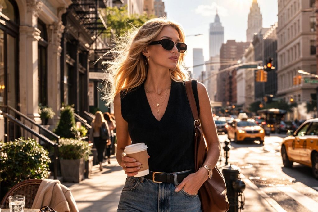 Woman in black shirt and sunglasses walking in New York City