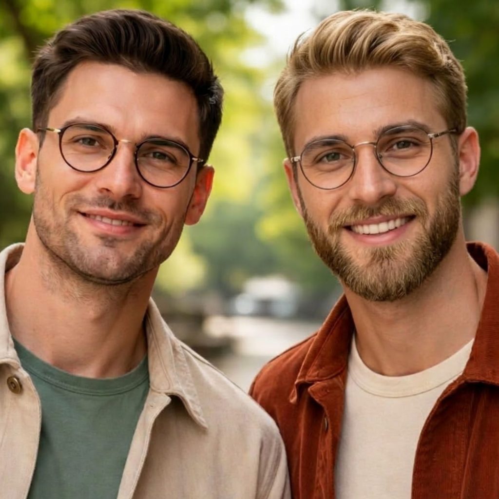 Two men wear round glasses standing outside