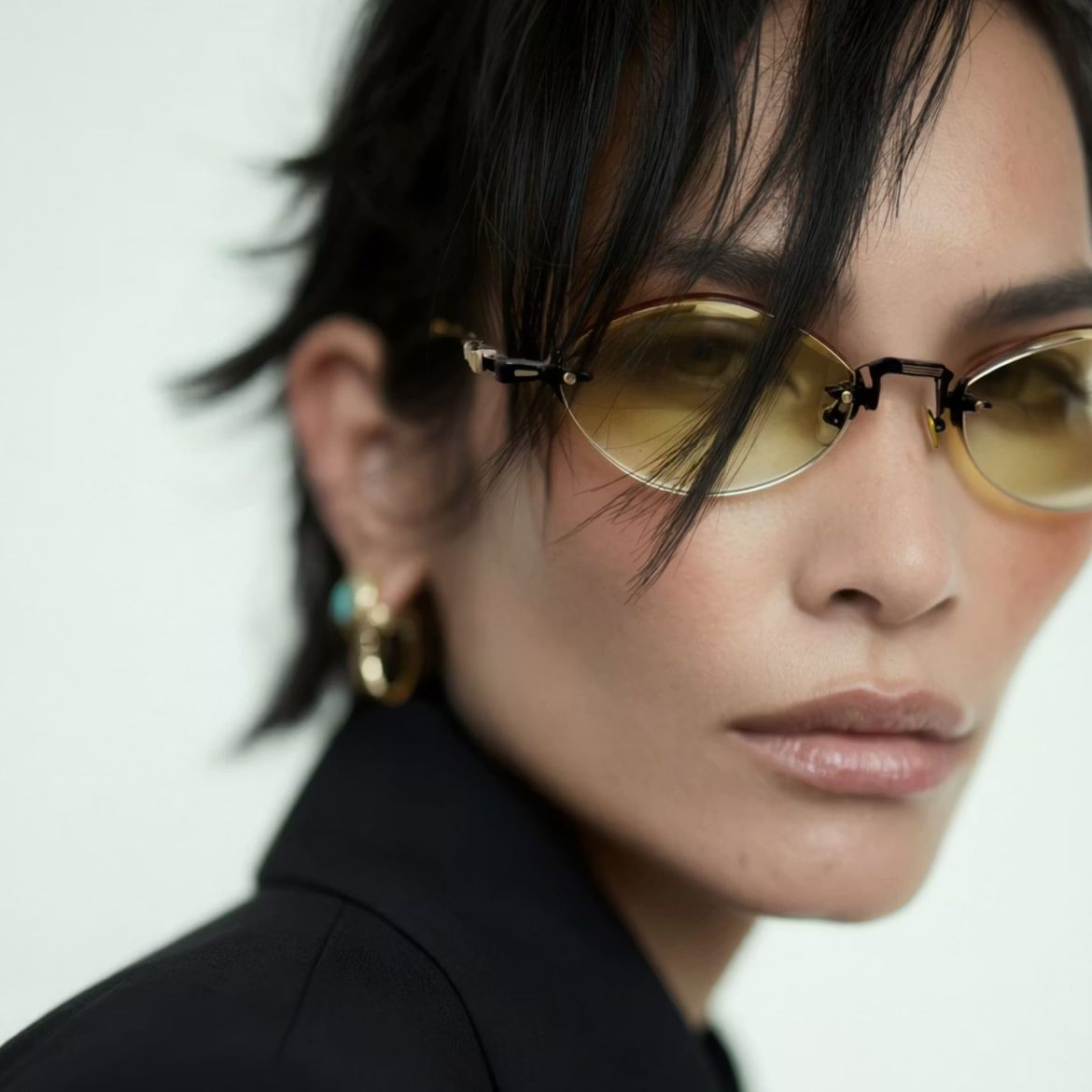 Model wearing ‘T Henri for Tamara Ralph’ yellow sunglasses