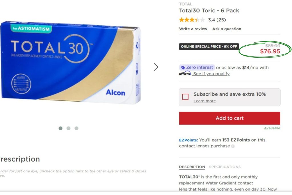 TOTAL30 toric contact lenses price on EZContacts