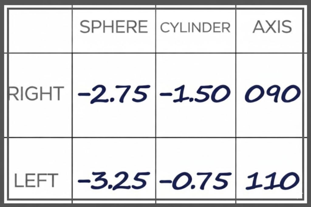 Example of a prescription with astigmatism