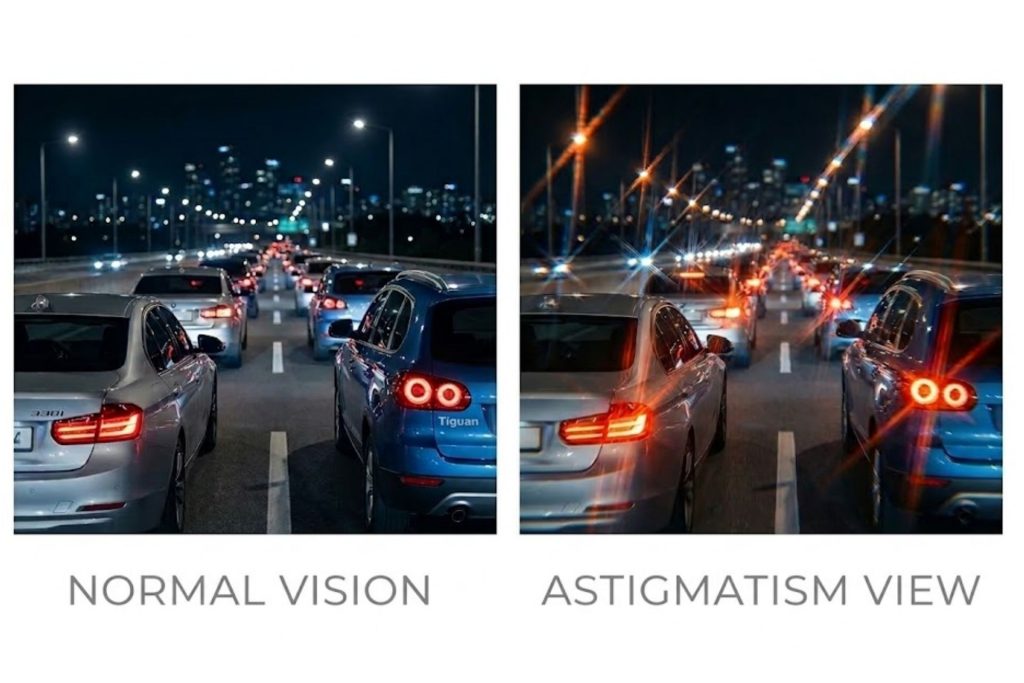 Normal vision vs. vision with astigmatism