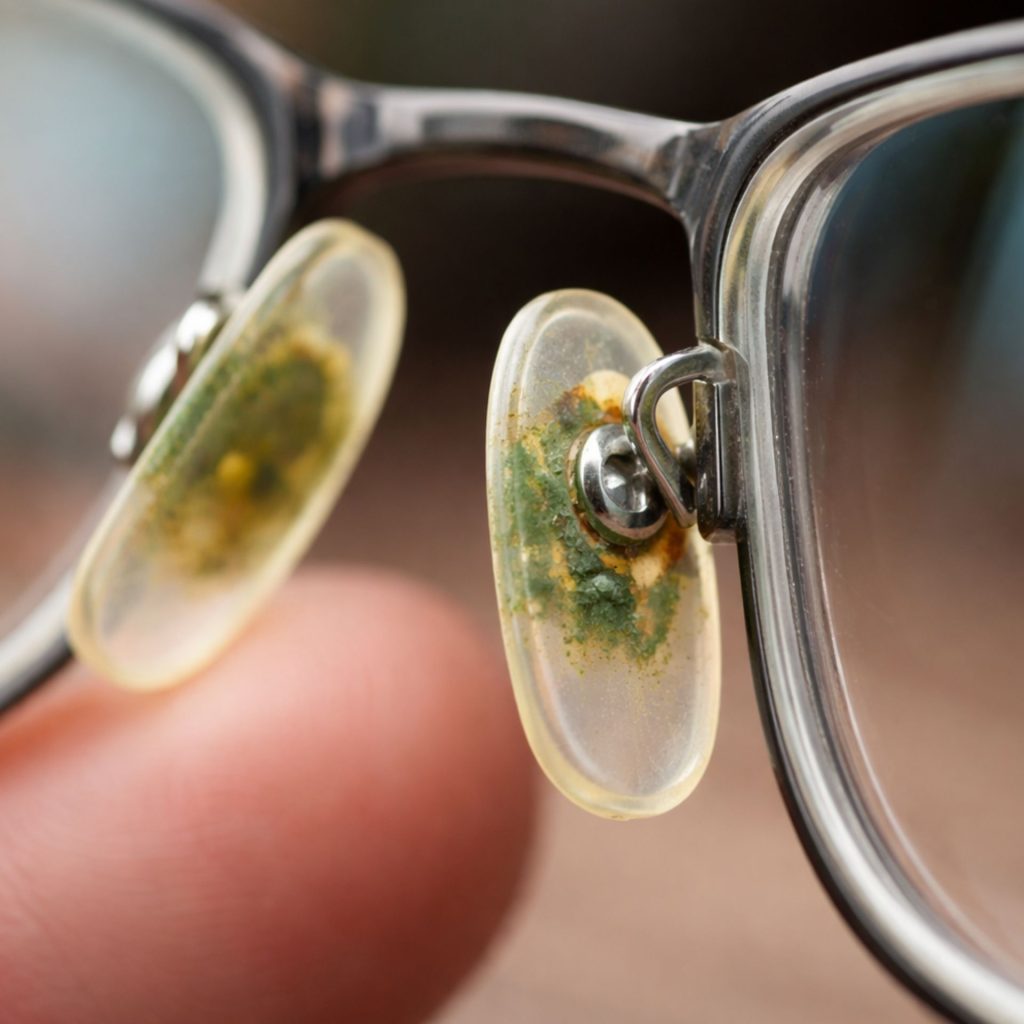 Glasses nose pads with green gunk on them
