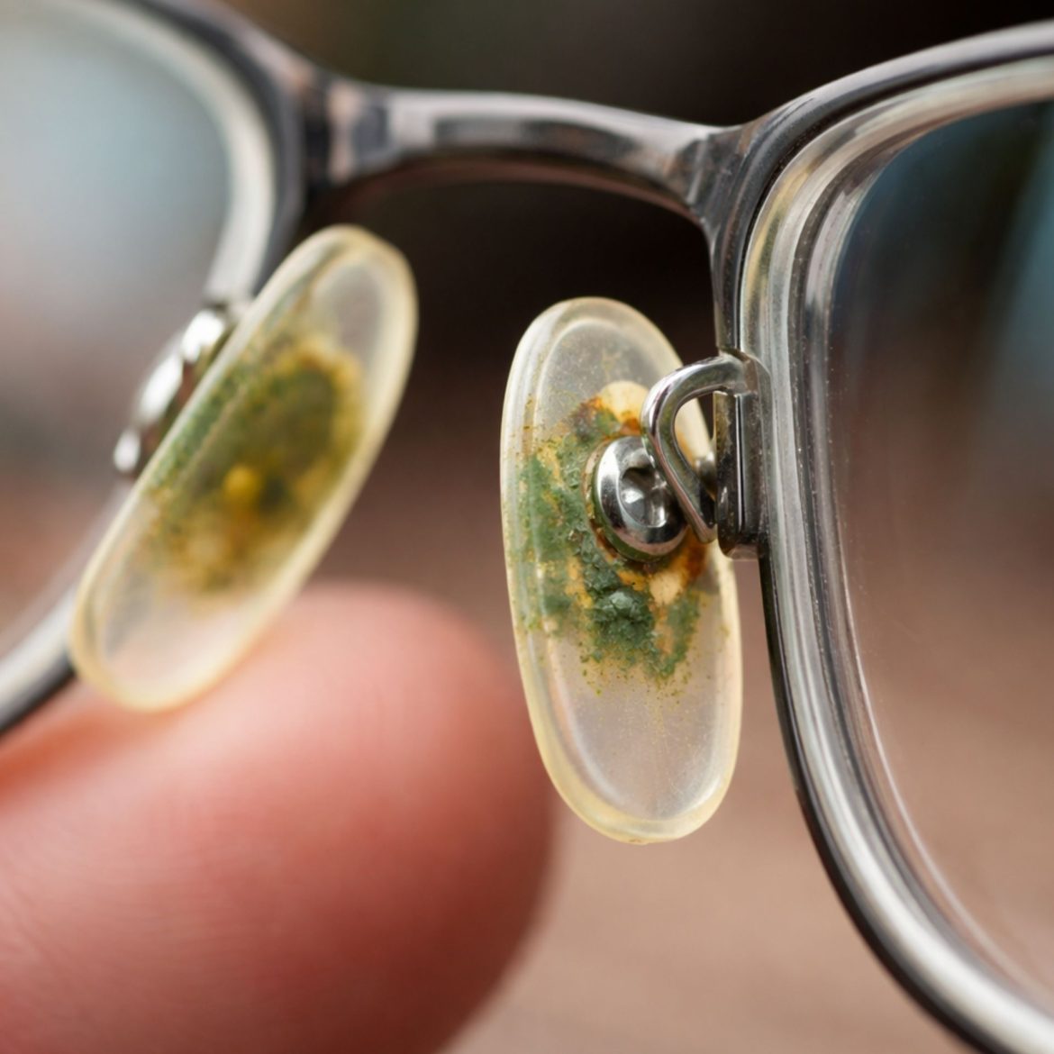 Glasses nose pads with green gunk on them