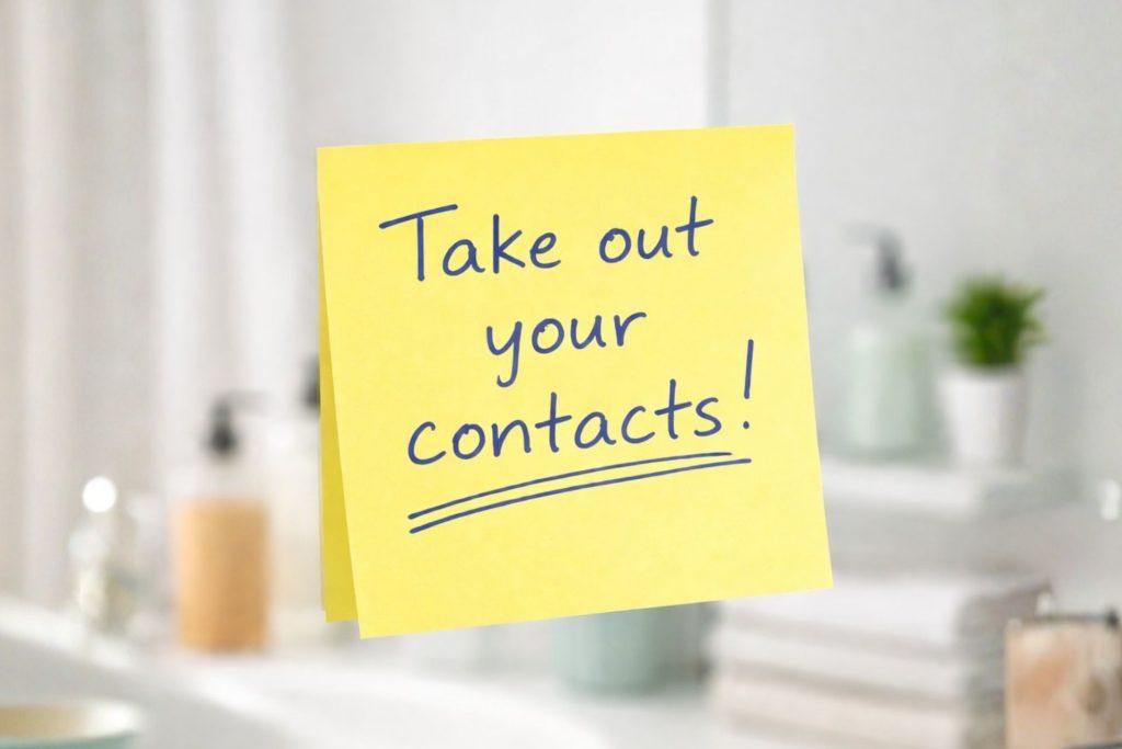 A post-it note reminder to take out your contacts