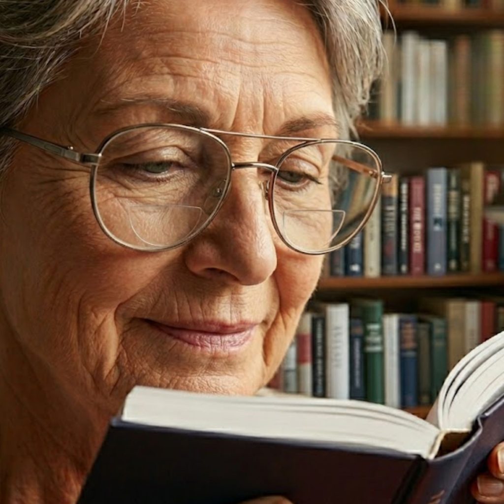 Older woman wearing bifocal glasses and reading