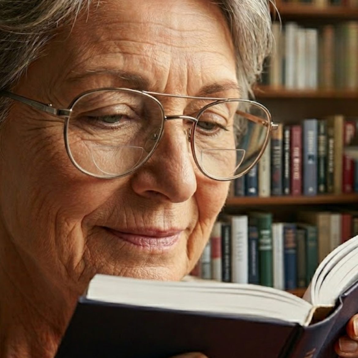 Older woman wearing bifocal glasses and reading