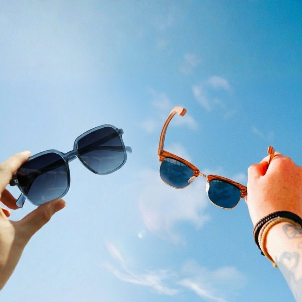 Hands holding blue sunglasses