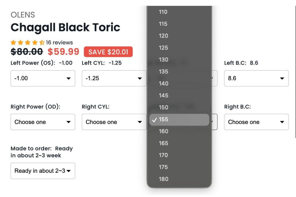 Example of the Axis Drop Down Menu Available for Olens Lenses on KPOP2.com
