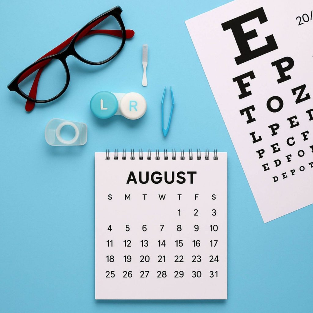 A calendar, glasses, and contact lenses against a blue background