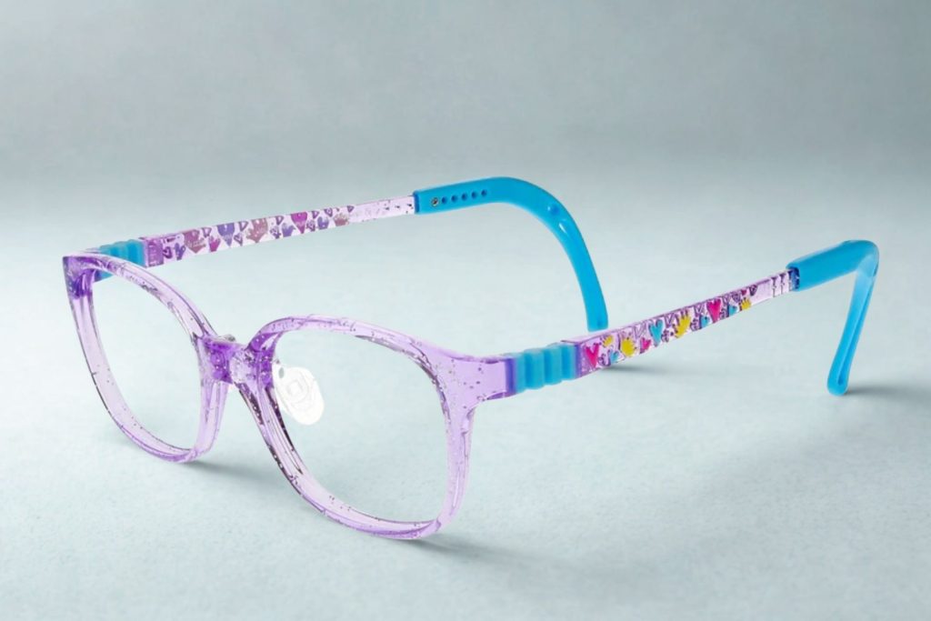 Semi-translucent purple glasses with patterned arms