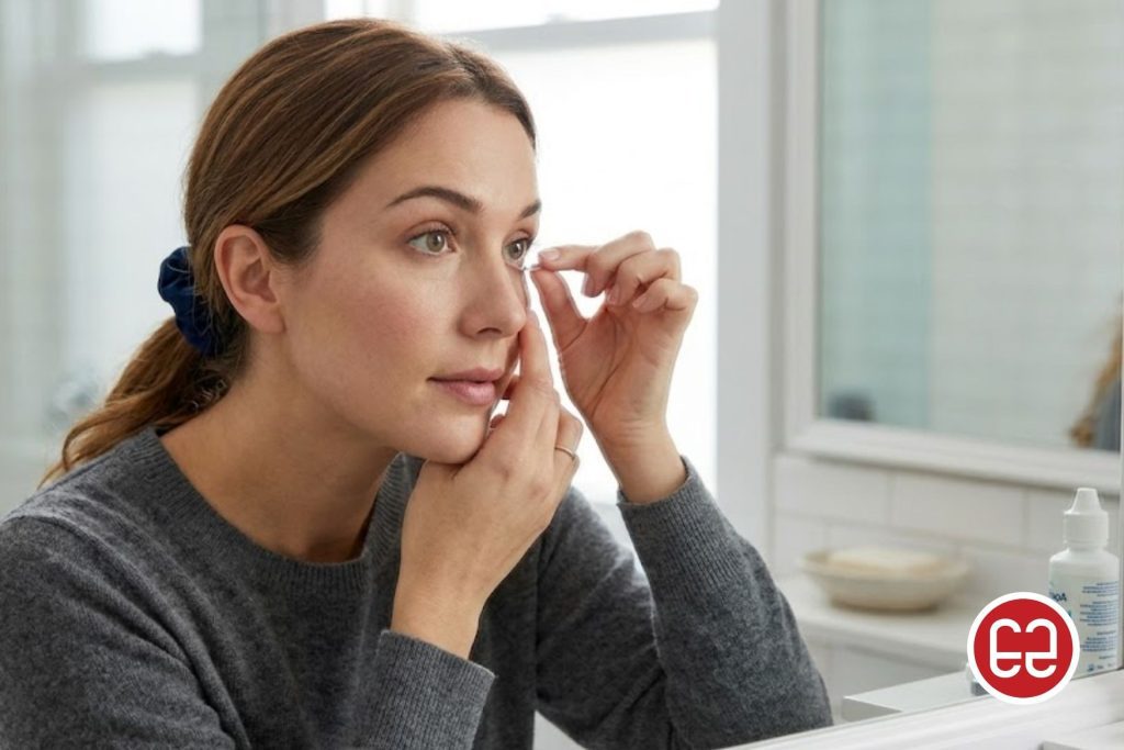 Woman removing her contact lenses