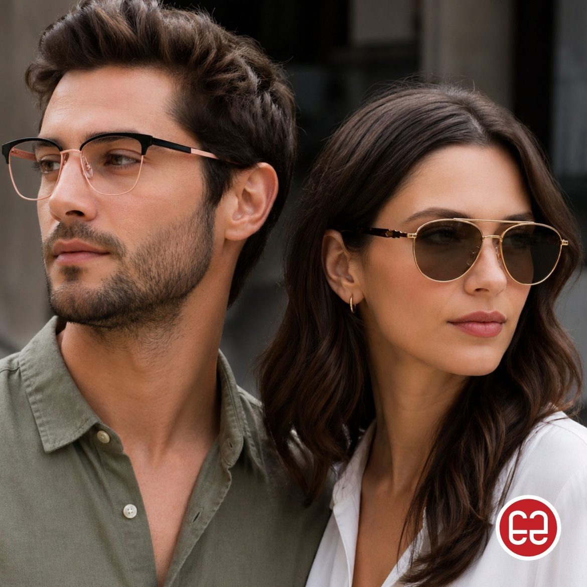 Man and woman with diamond-face shape wearing glasses