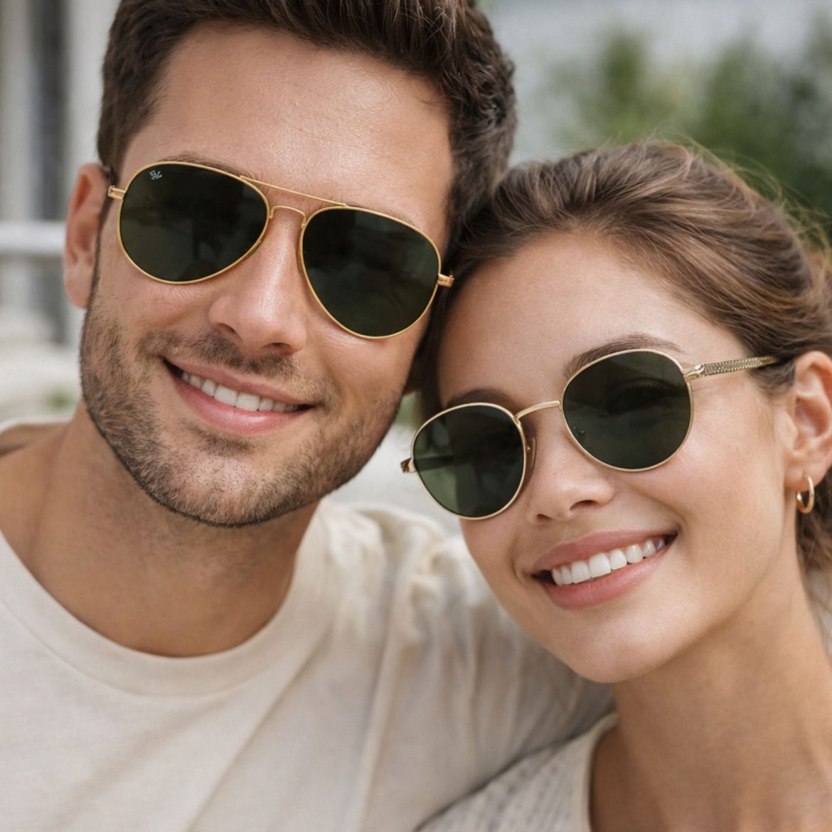 Man and woman wearing green-tinted sunglasses