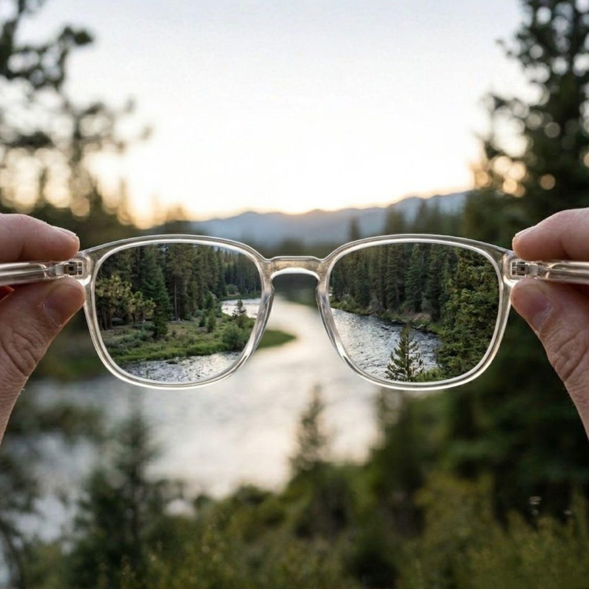 Person holding up glasses in front of a lake and trees