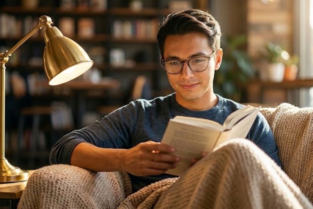 Man reading with a light next to him