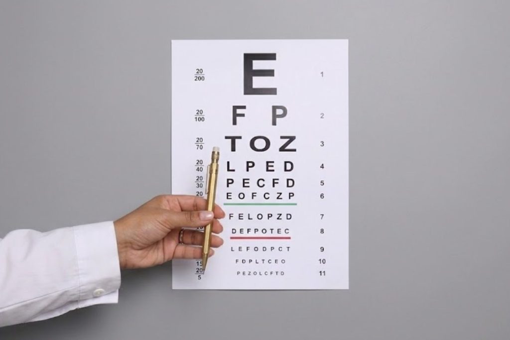 Doctor pointing at Snellan chart