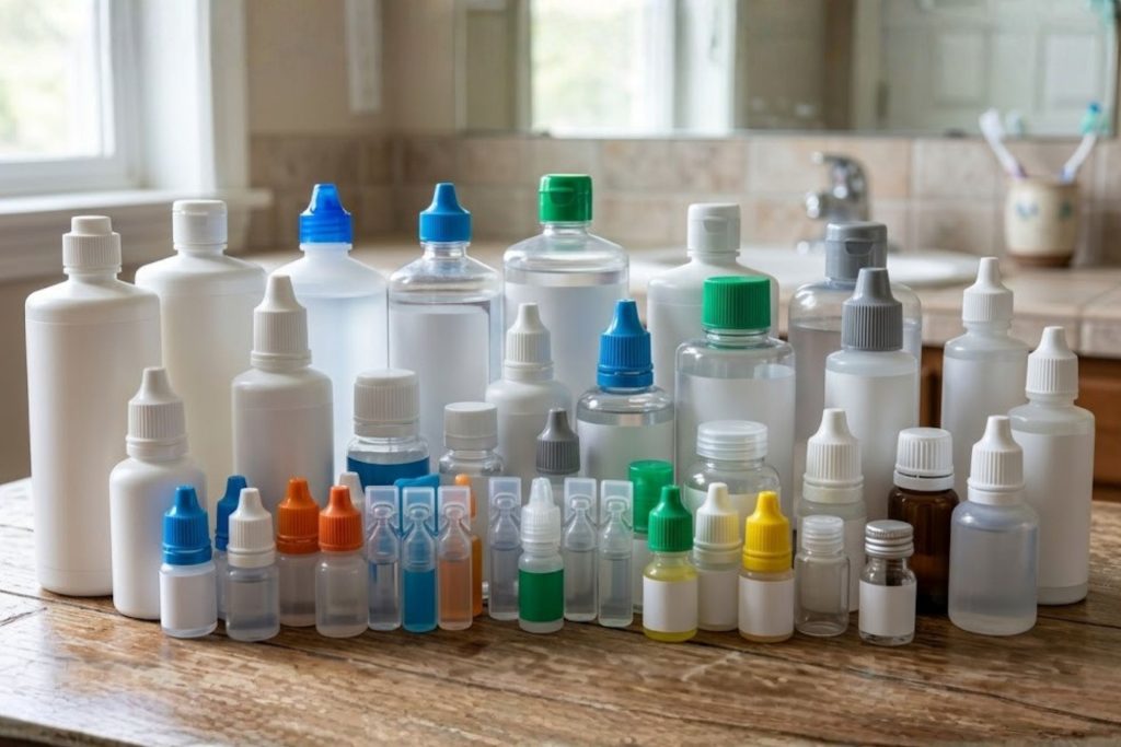 Collection of various types of solutions and eye drops