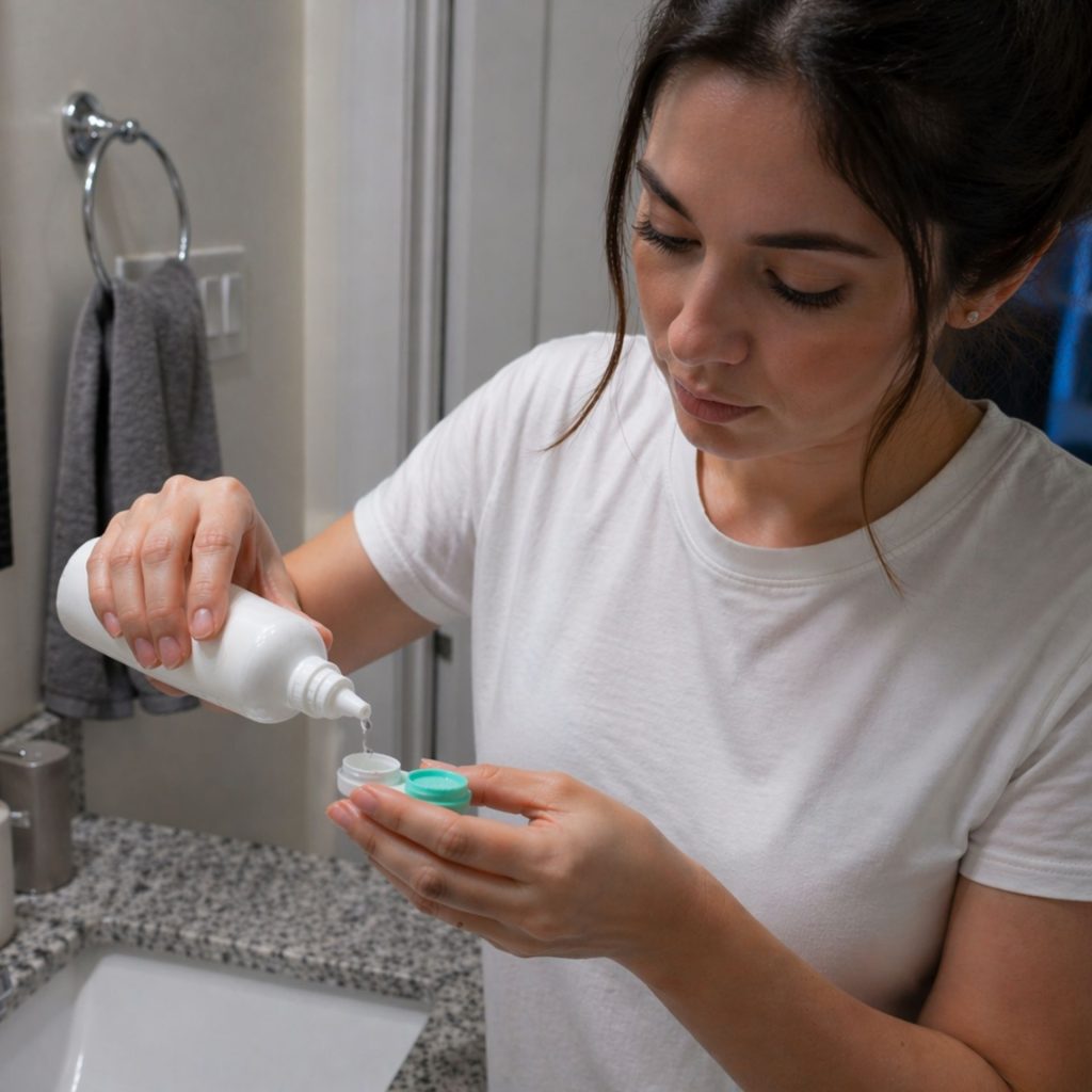 Woman putting contact lens solution in case
