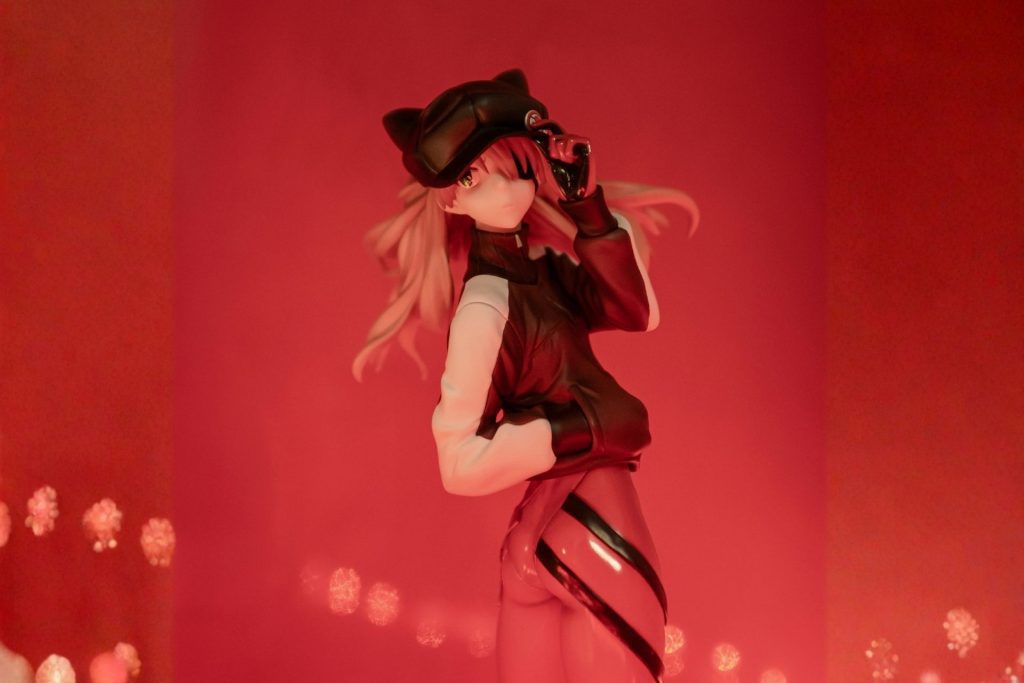 Pink-haired female anime character action figure