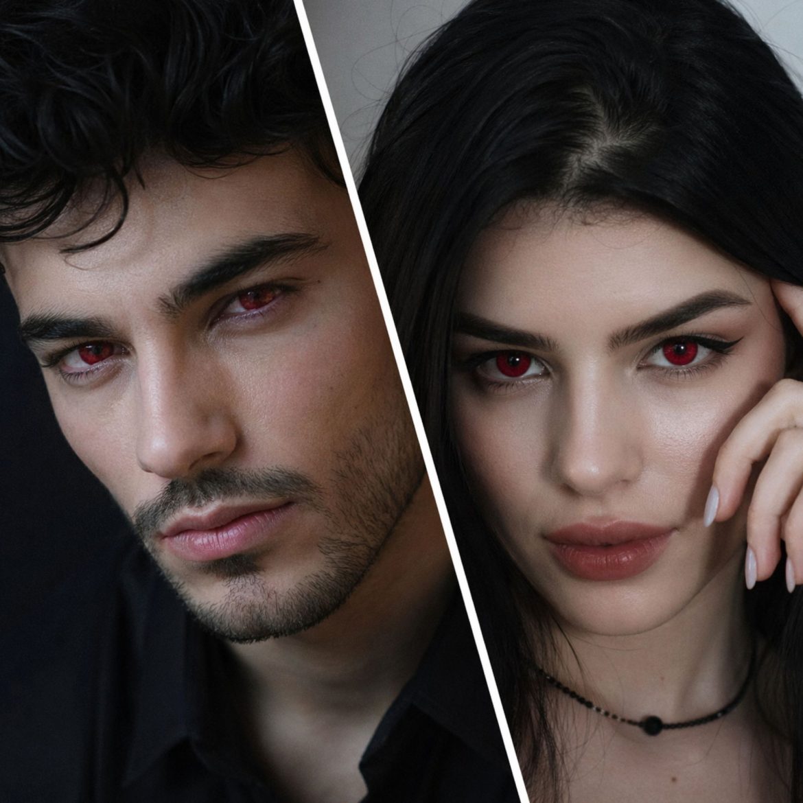 Man and woman wearing red contact lenses
