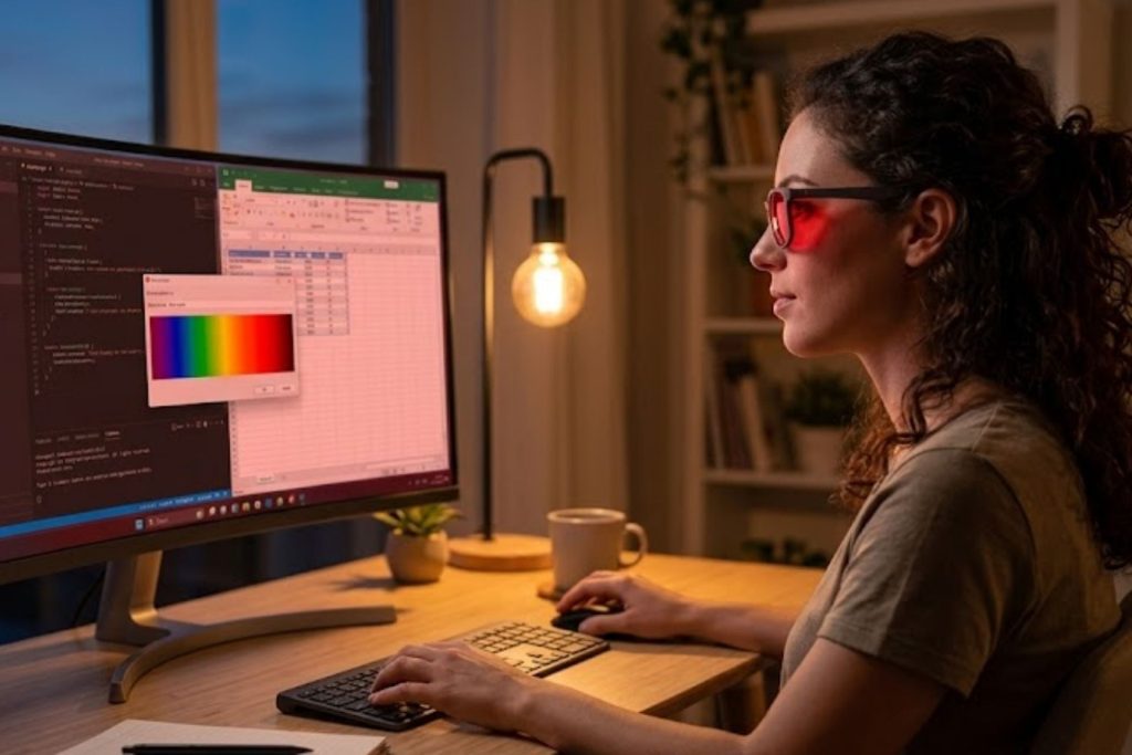 Woman working on computer in red light glasses