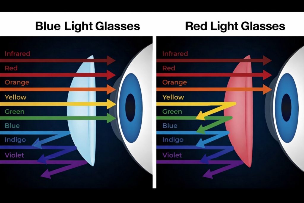 Blue light glasses vs. red light glasses illustration