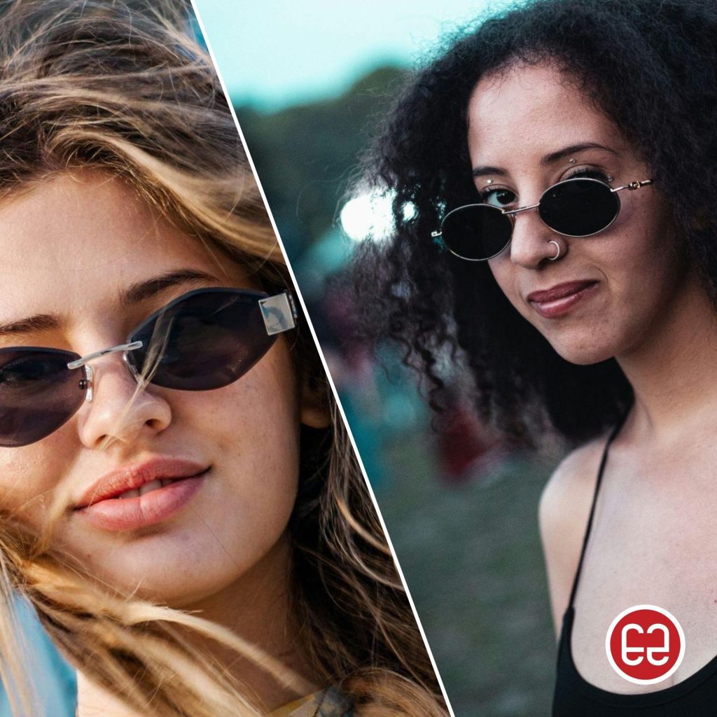 Two women wearing oval silver sunglasses