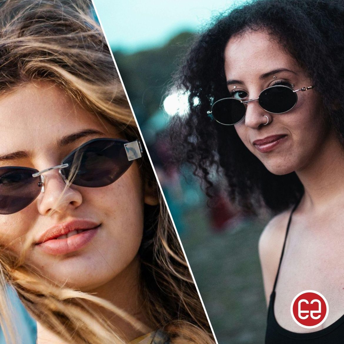 Two women wearing oval silver sunglasses