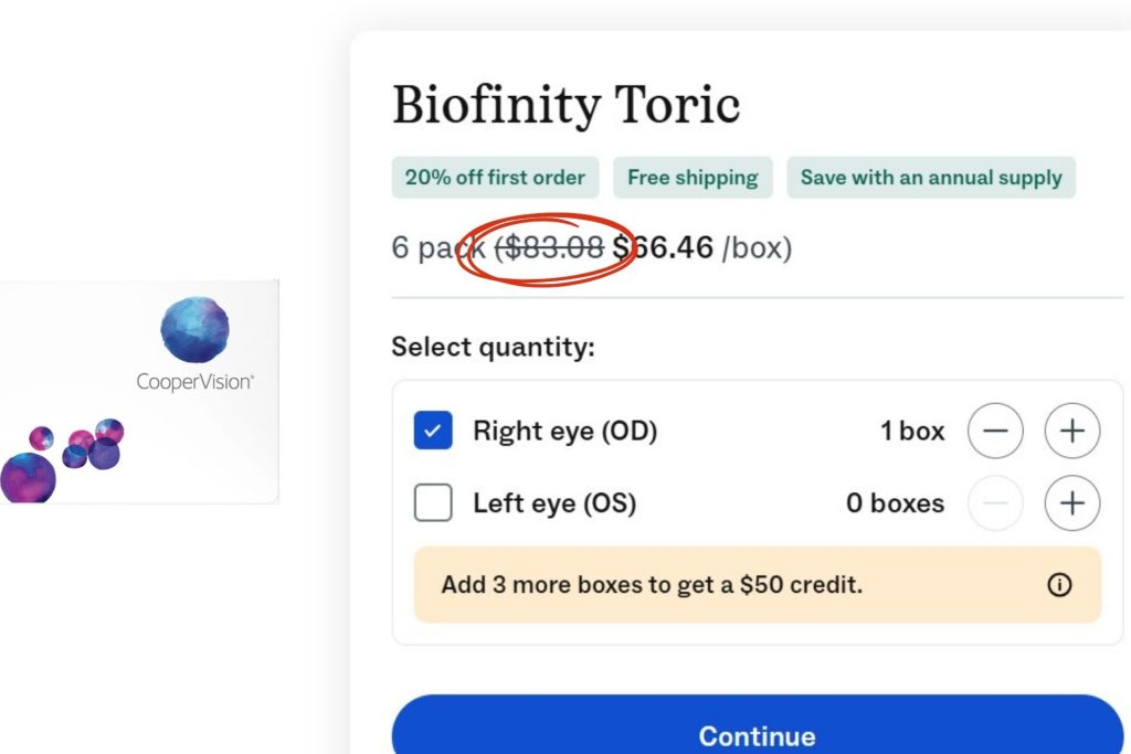 Biofinity Toric contacts on Warby Parker