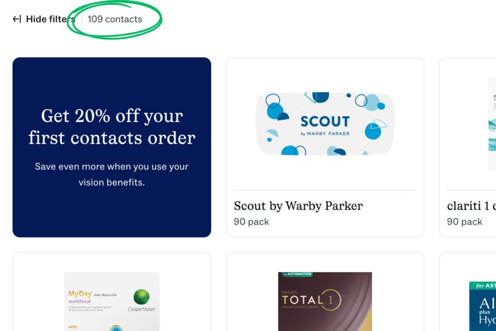 Warby Parker contacts page