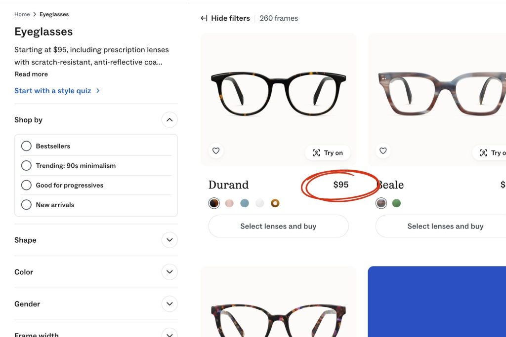 Warby Parker eyeglasses page