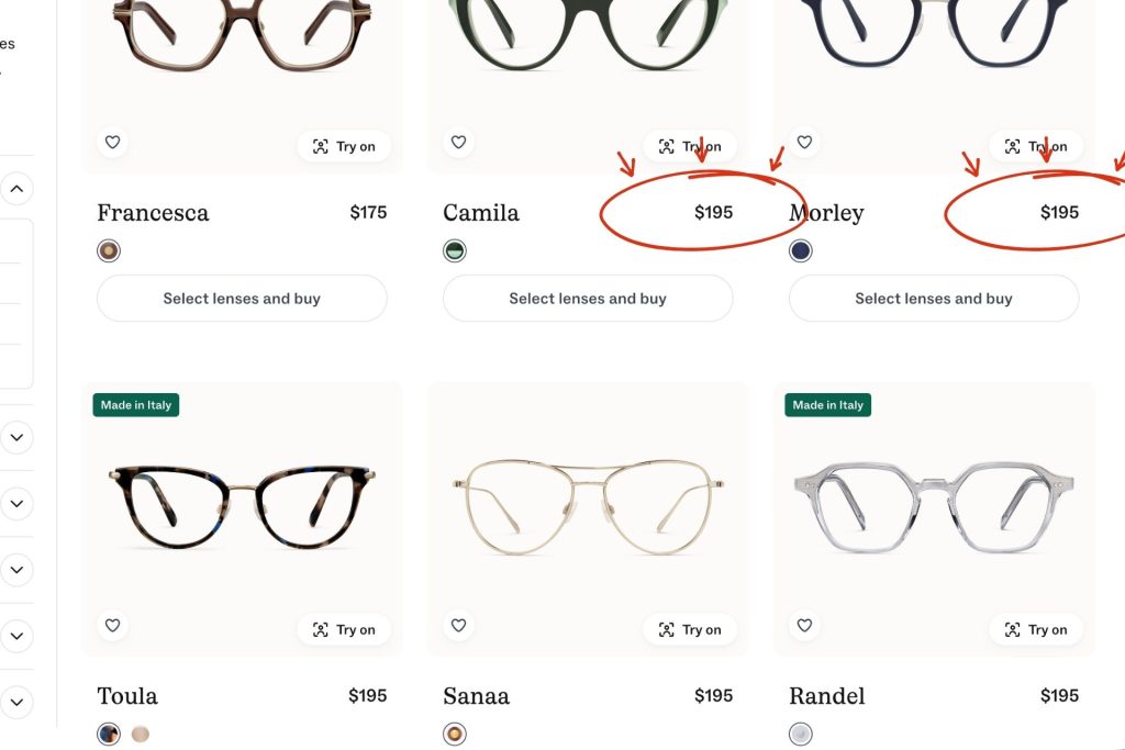 Warby Parker eyeglasses page