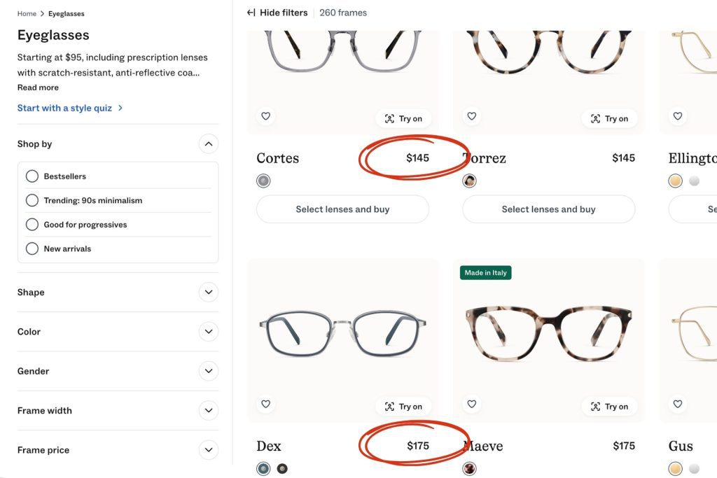 Warby Parker eyeglasses page