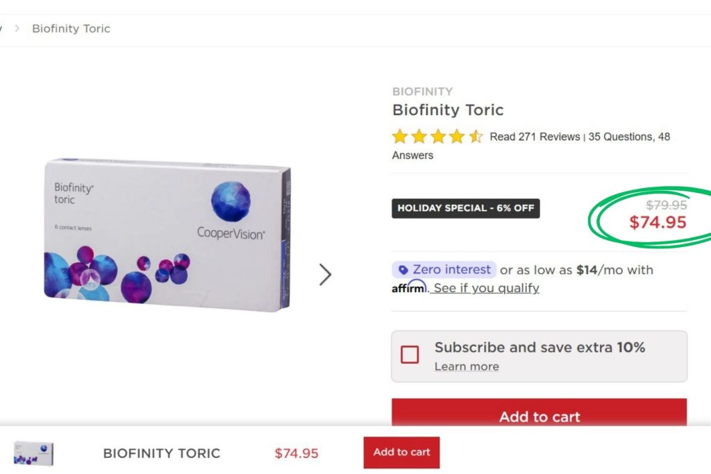 Biofinity Toric contacts on EZContacts
