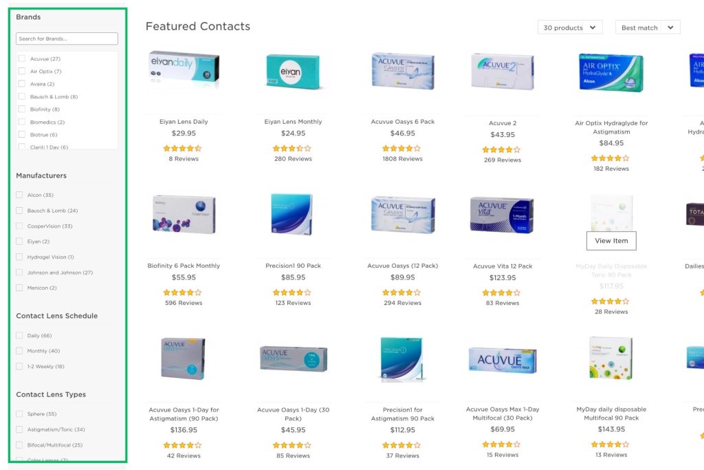 Contact lens filters on EZContacts